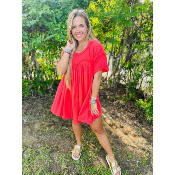 FREE PEOPLE Catalina Mixed Media Minidress in Radiant Watermelon Size X-Small - Picture 1 of 16
